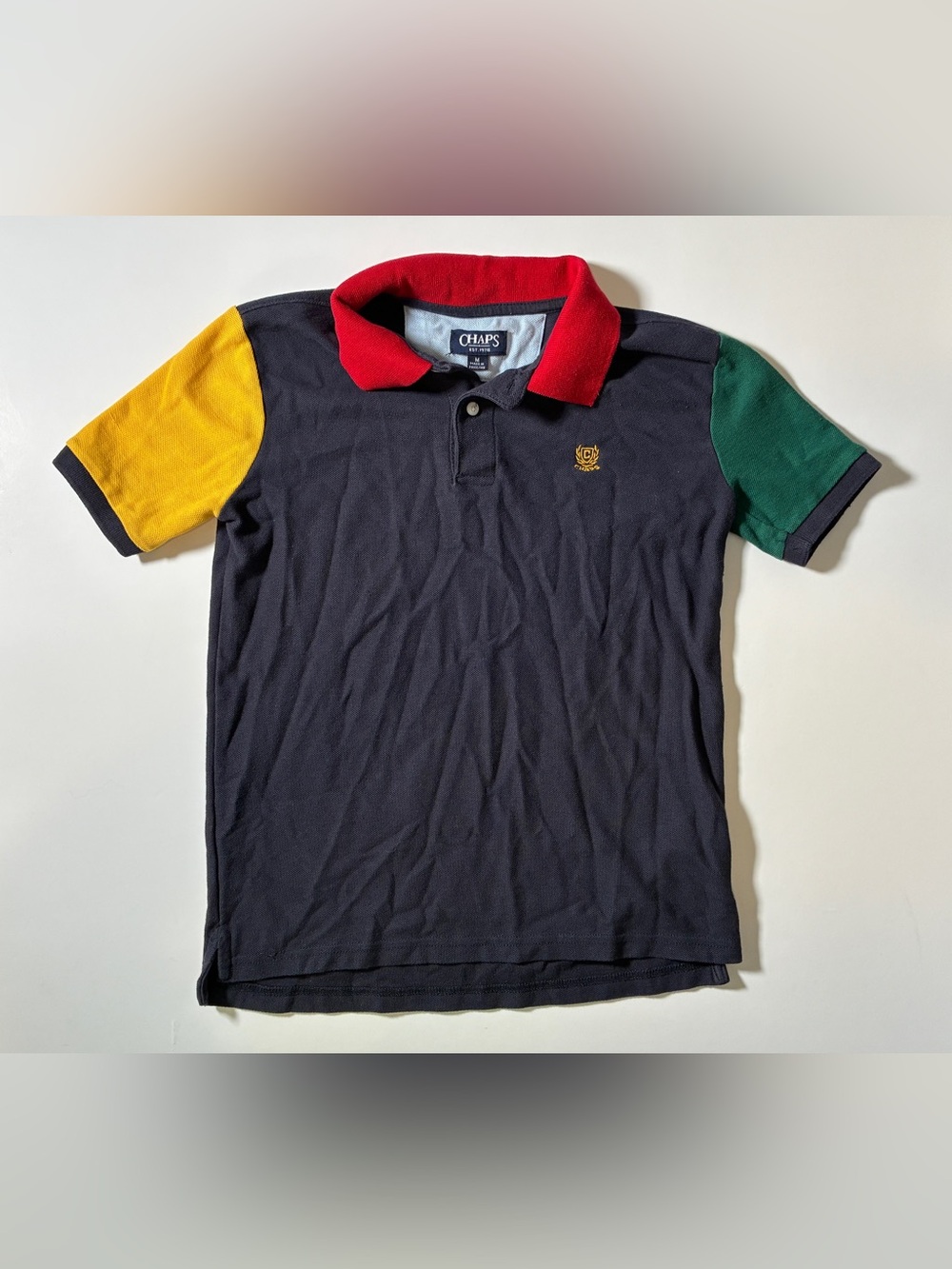 Chaps Boys M Colorblock Polo Shirt Navy Red Yellow Green Y2K Vintage Crest Logo